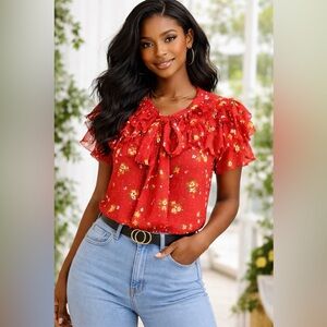Truth NYC Red Floral Boho Blouse Women’s 1X Sheer Ruffle Short Sleeve Top